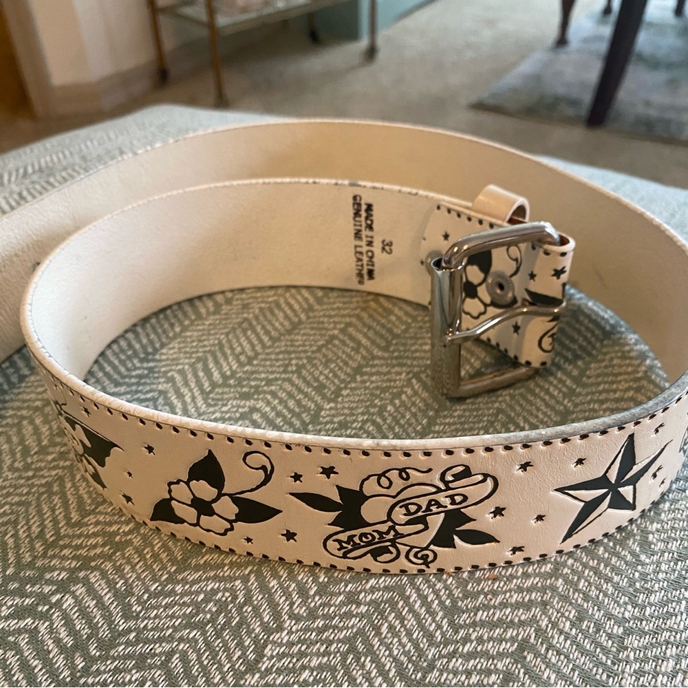 White Leather Belt with Tattoo Design